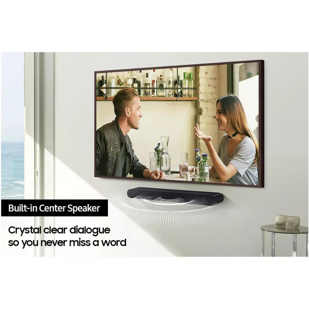 Black soundbar wall placement with low profile and centered speaker grille