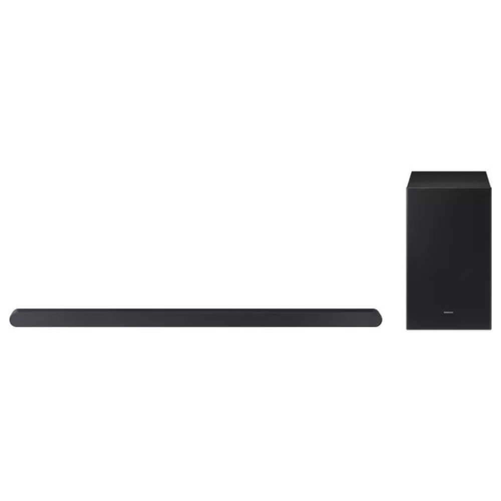 Black sound bar with separate wireless subwoofer speaker box