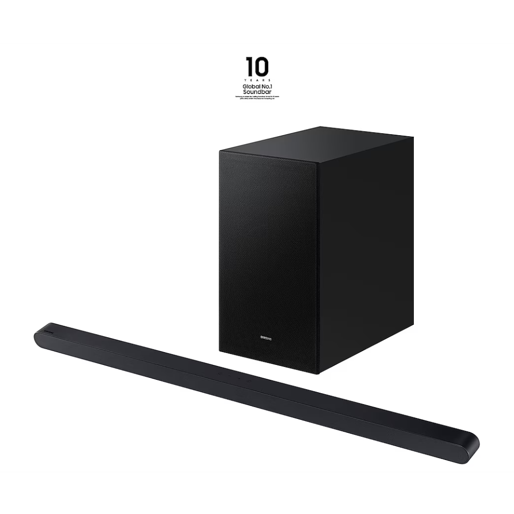 Black 3.1 sound bar with wireless subwoofer, shown angled