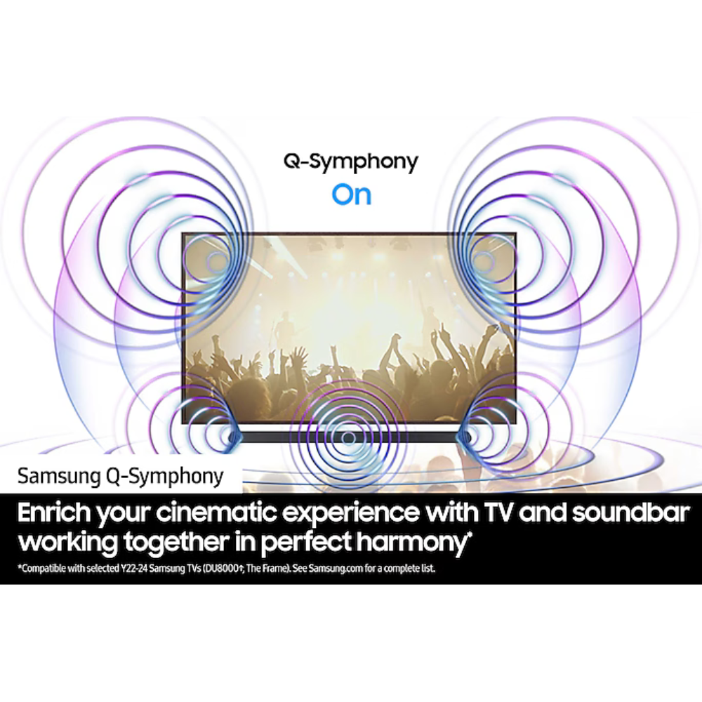 Black sound bar with illustrated surround sound wave icons for Q-Symphony