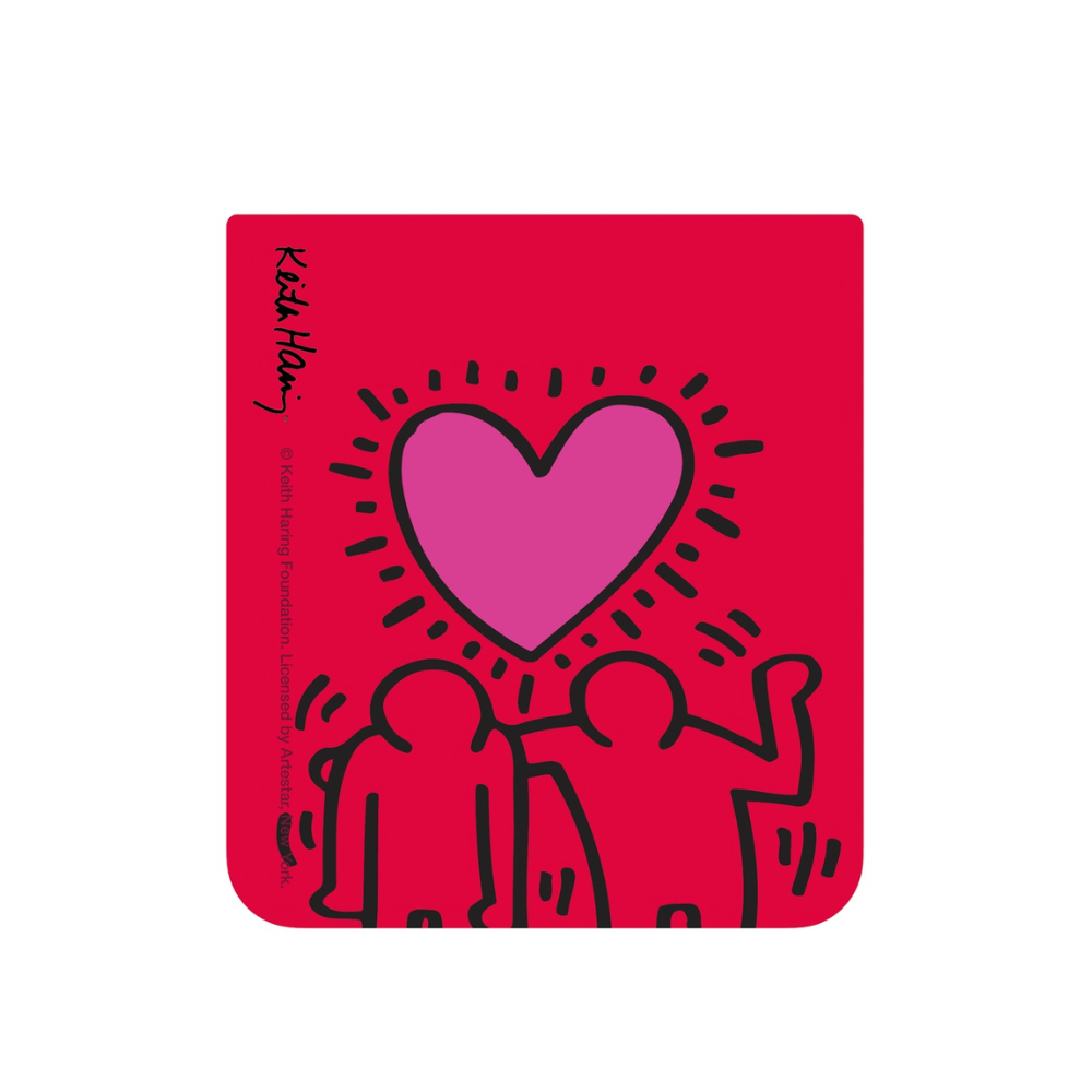 Red flip phone case with large pink heart love graphic and standing figures