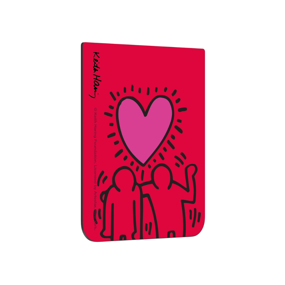 Red flip phone case with Keith Haring-style love heart and figures graphic