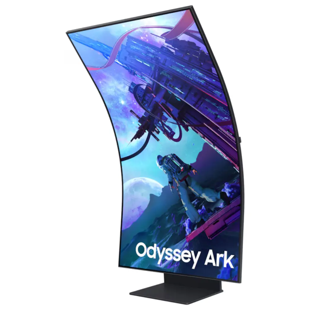 Curved gaming monitor in portrait angle with Odyssey Ark display and black base stand.