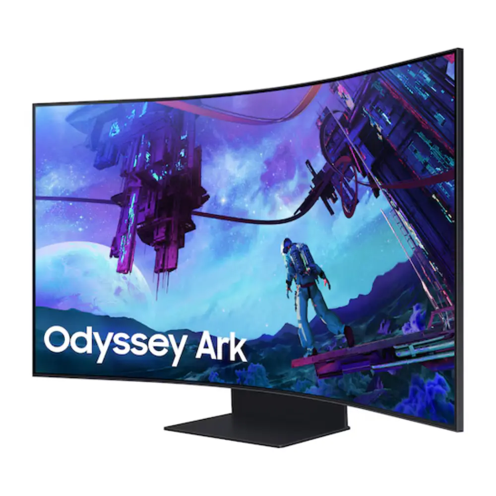 Curved gaming monitor with Odyssey Ark display and black stand, front view.