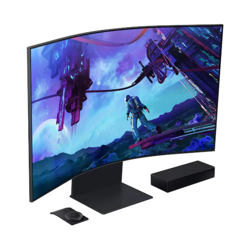 Curved gaming monitor with included remote and two-piece black stand, front angle.