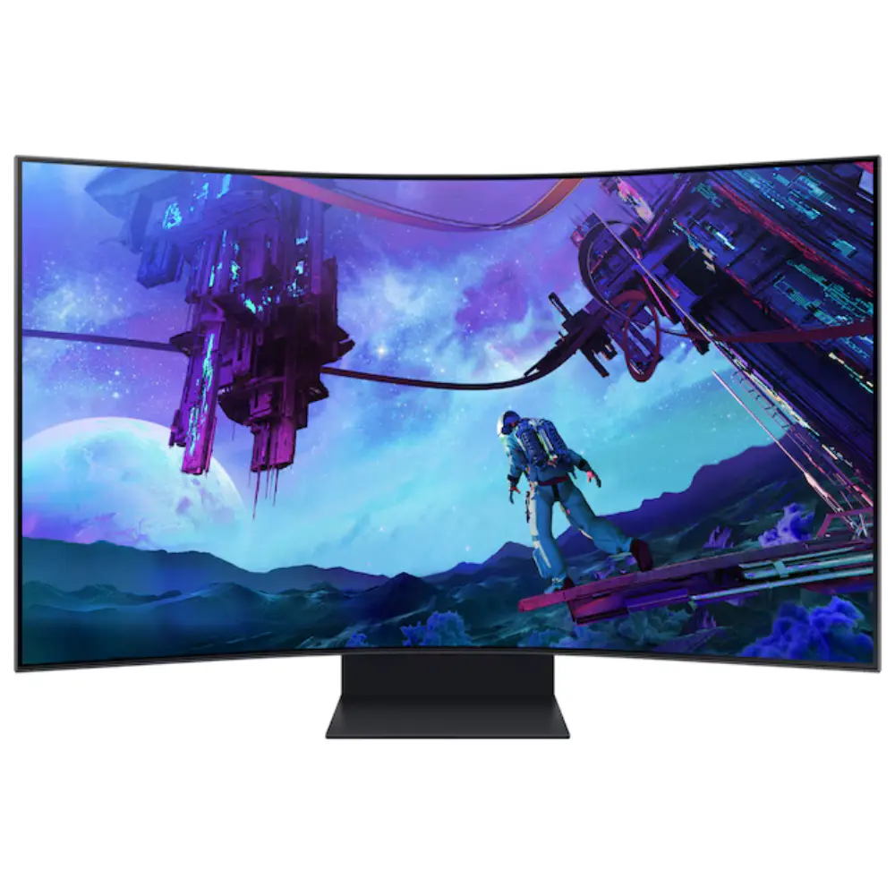 Curved gaming monitor with cinematic game display and black base stand, front view.