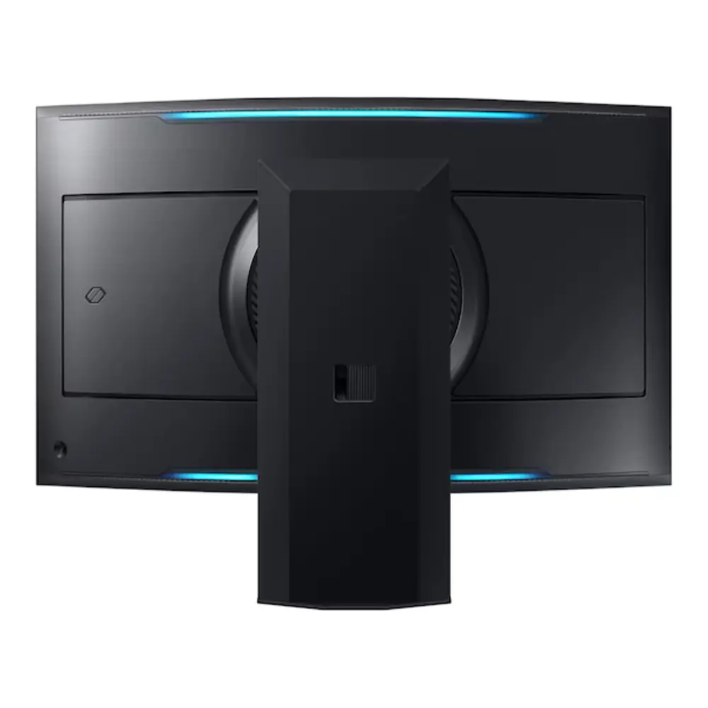 Curved gaming monitor back panel with ports and black stand base, side view.