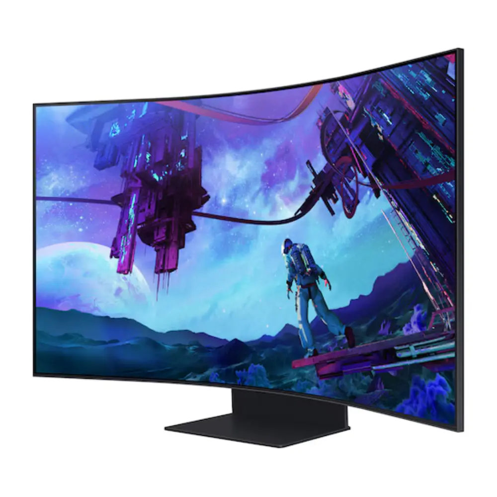 Curved gaming monitor with vivid game screen artwork and black stand, front view.