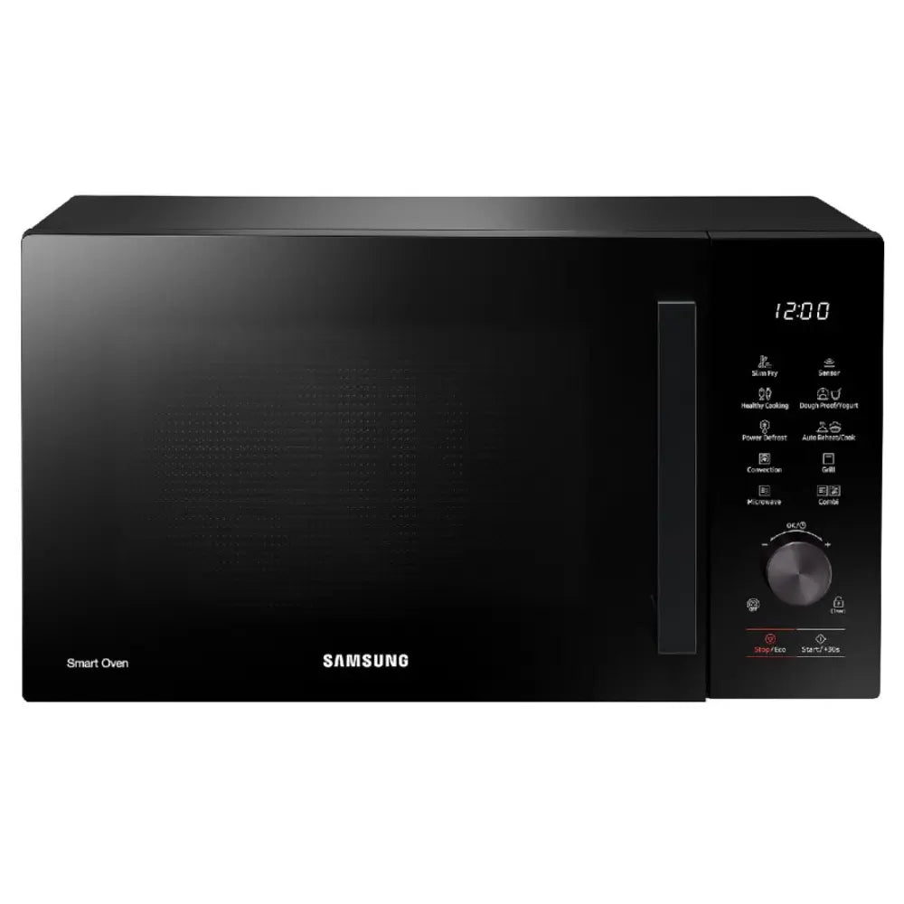 Black Samsung microwave oven with digital control panel
