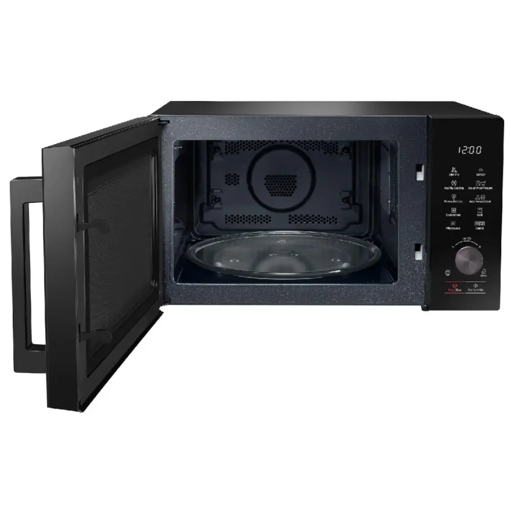 Black Samsung microwave oven open door showing interior turntable