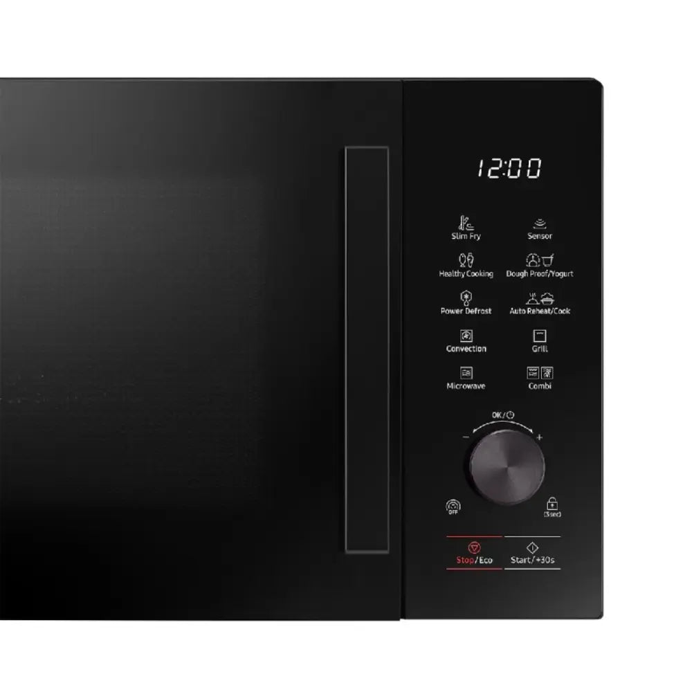 Black Samsung microwave oven front panel with settings and control dial