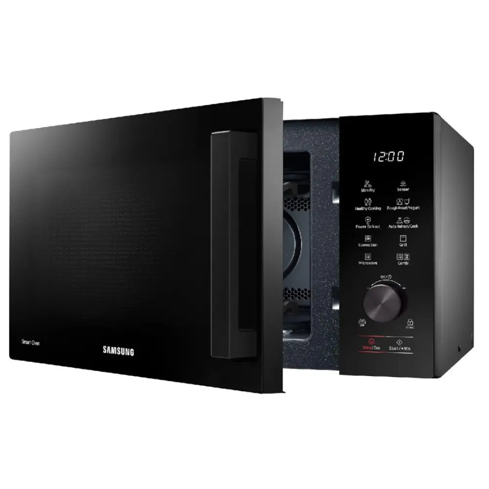 Black Samsung microwave oven side view with open door and control panel