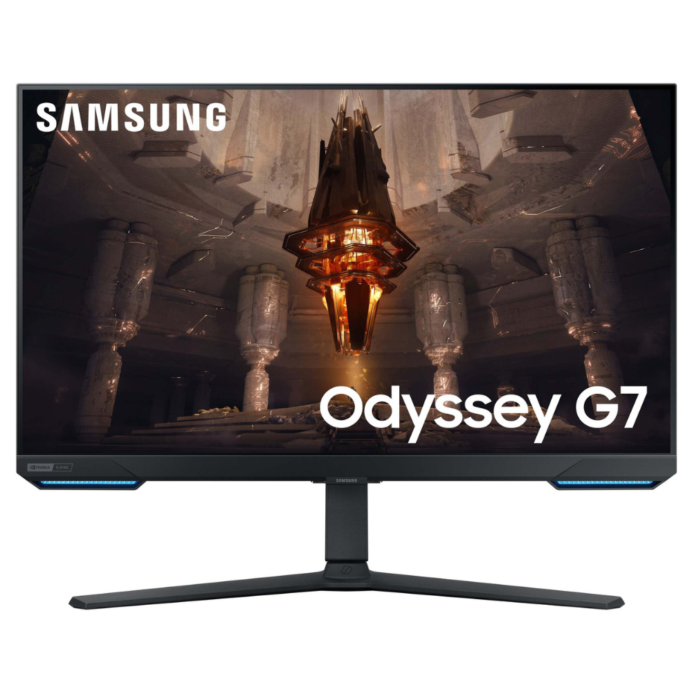 Black gaming monitor with slim stand, thin bezels, and curved-screen game display