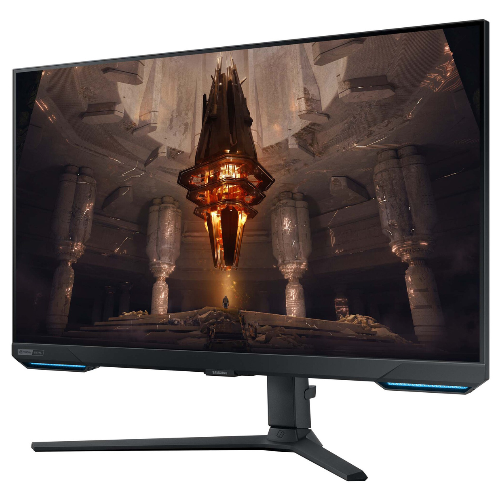 Black 32-inch gaming monitor with stand and blue LED accents, curved game screen
