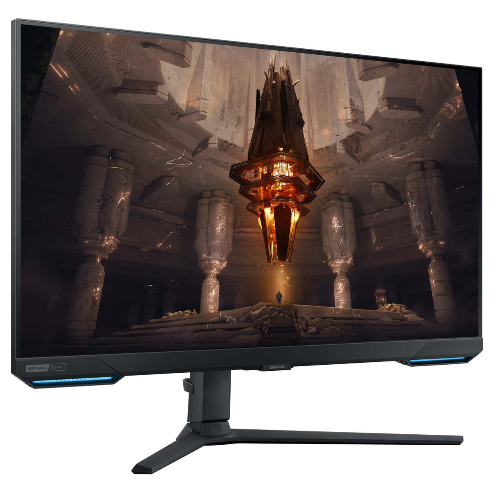 Black gaming monitor on 3-prong stand with thin bezels and curved-screen game scene