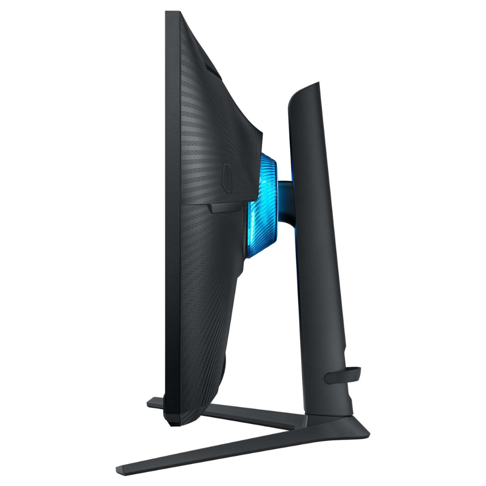 Black gaming monitor side view showing slim stand and blue edge light