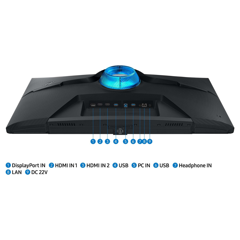 Gaming monitor underside view with blue power ring and labeled input/output ports