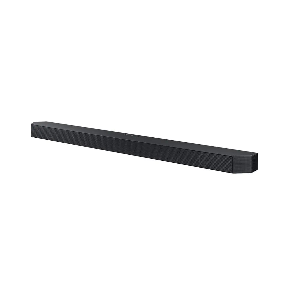 Slim dark soundbar speaker bar with subtle grille texture