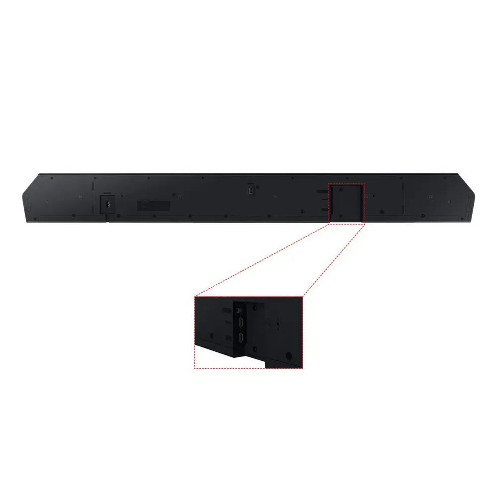 Soundbar rear panel with ports and power connections