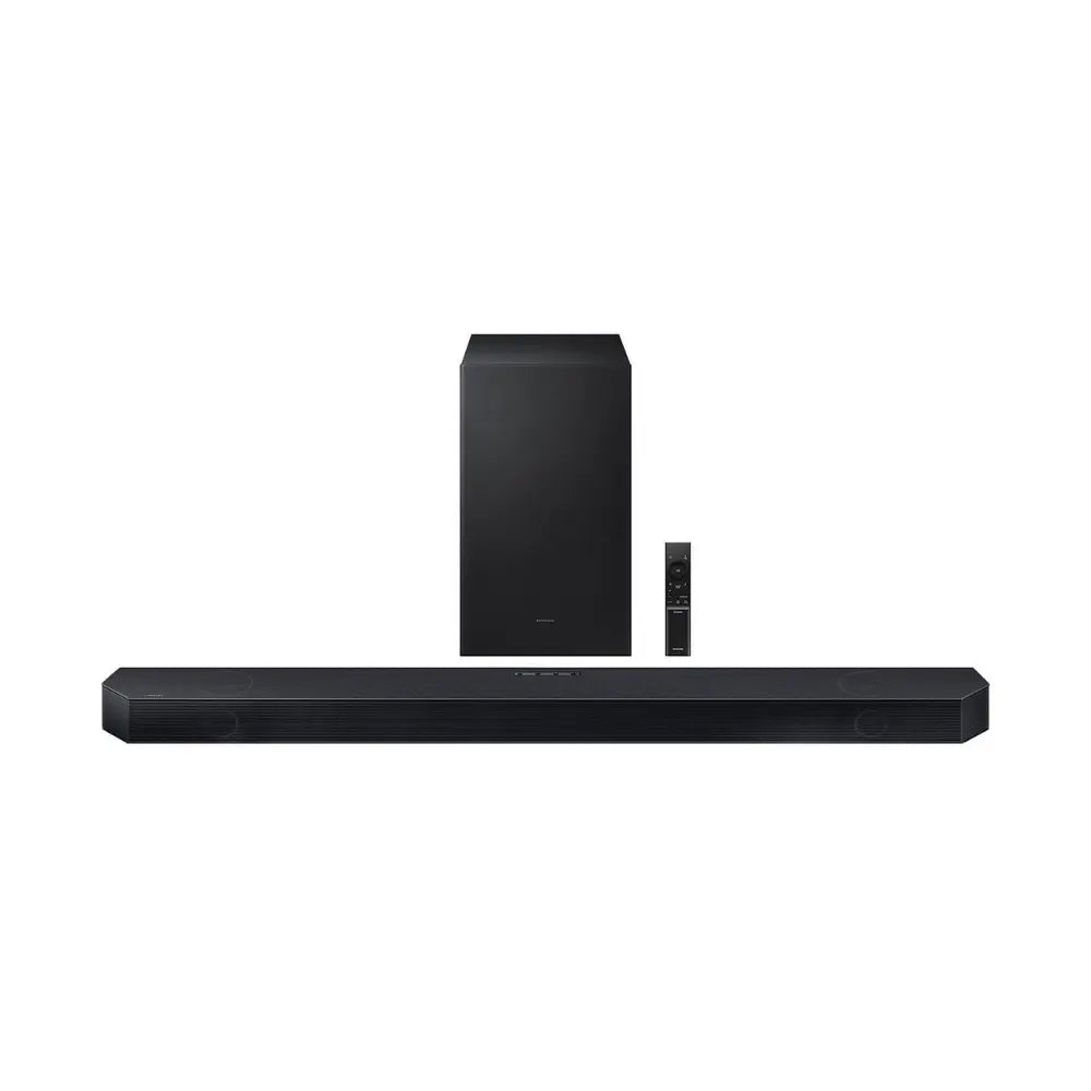 Soundbar with dark subwoofer speaker, slim front bar design