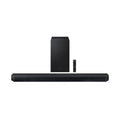 Soundbar with dark subwoofer speaker, slim front bar design