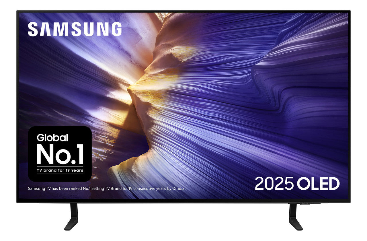 Samsung 42 inch OLED 4K smart TV with purple abstract screen and two pedestal feet
