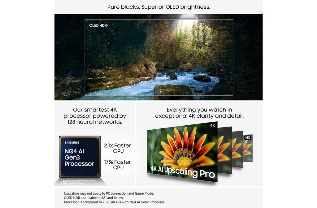 Samsung OLED 4K smart TV displaying a landscape with forest and blue stream