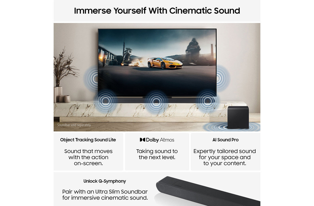 Samsung OLED 4K smart TV showing cinematic sound graphics with slim soundbar