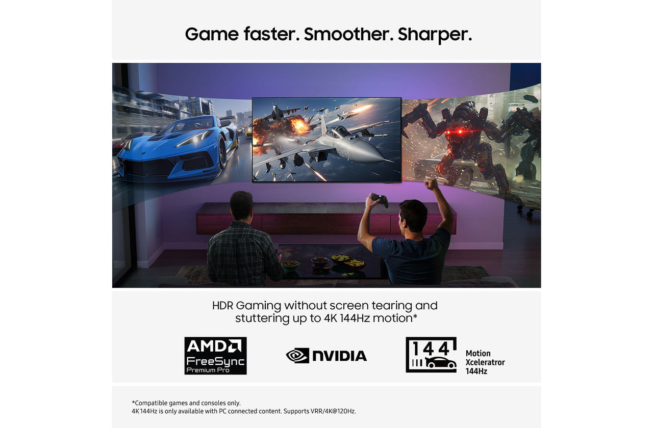 Samsung OLED 4K smart TV showing gaming scenes and performance feature icons