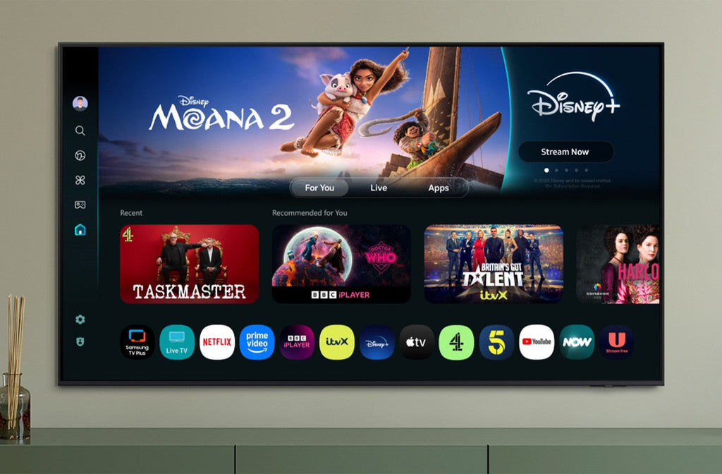 Samsung OLED 4K smart TV showing a streaming app menu and thumbnail tiles