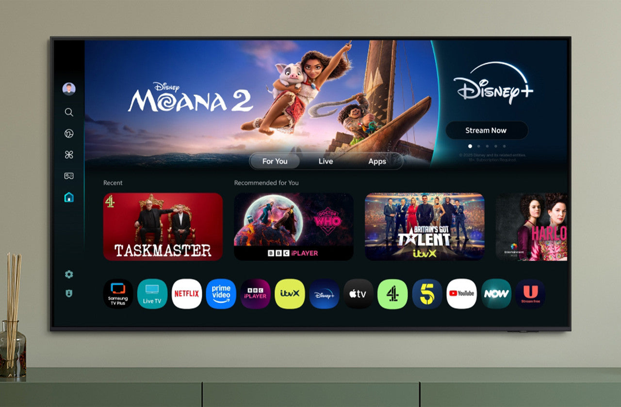 Samsung OLED 4K smart TV showing a streaming app menu and thumbnail tiles