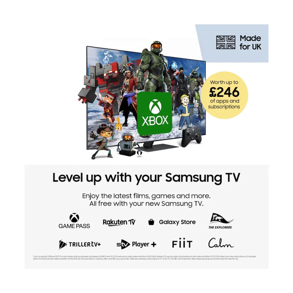 TV promo graphic with game characters and Xbox icons centered on a TV screen