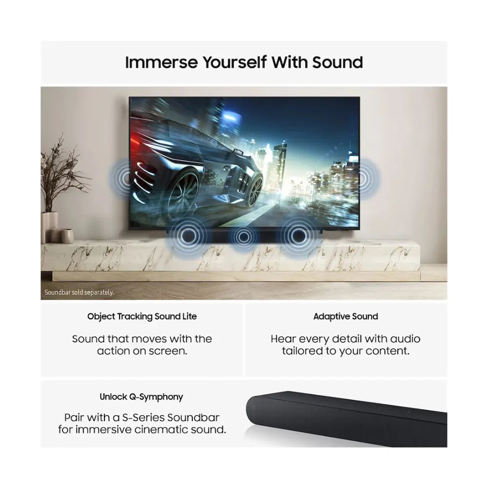 Wall TV with action video on screen and surround sound wave icons