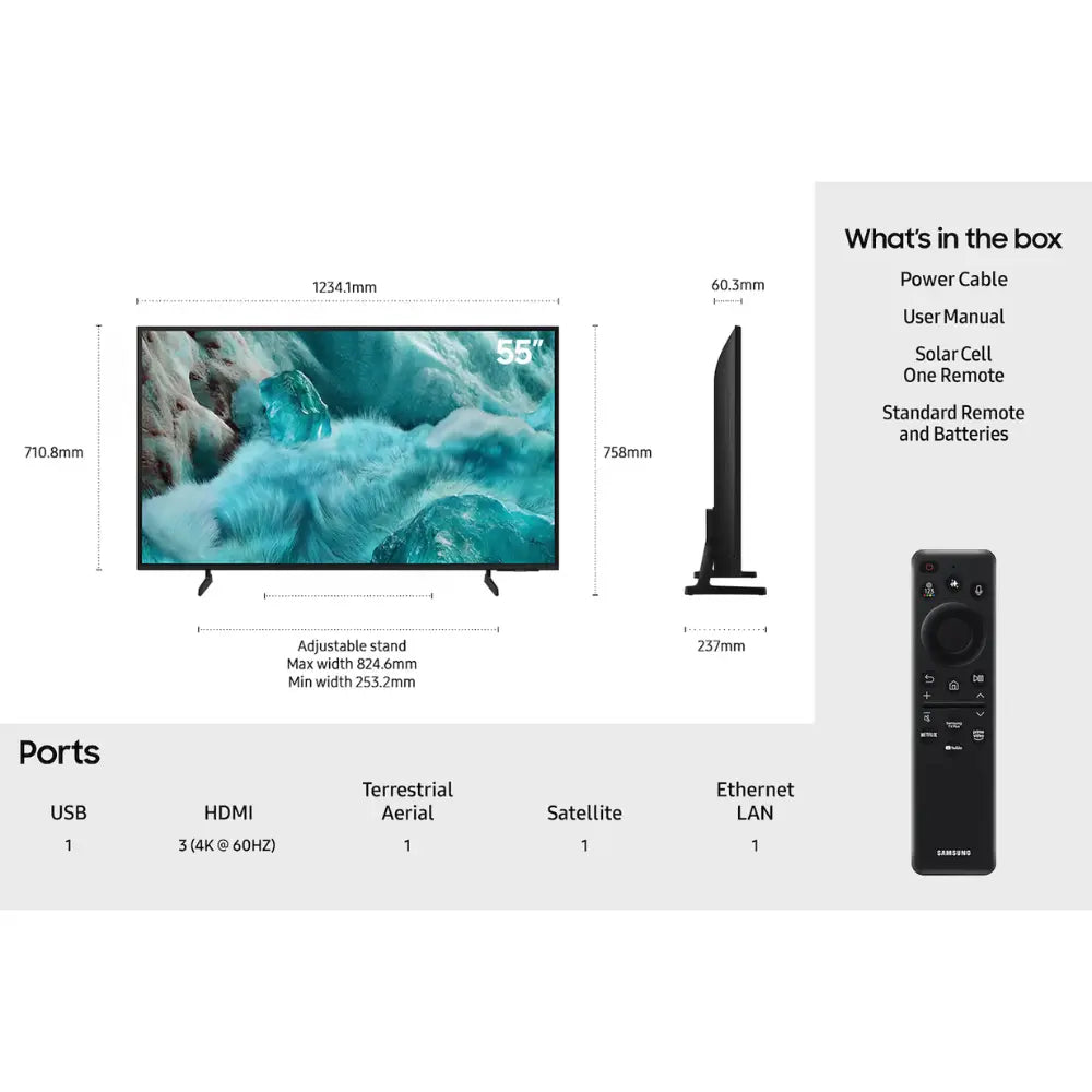 TV layout diagram with size measurements, ports list, and included remote picture