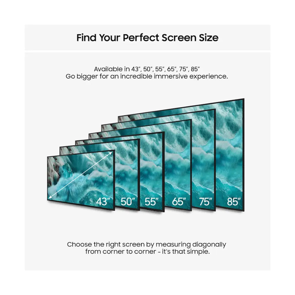 Lineup of QLED TV screen sizes shown side by side from 43 to 85 inches