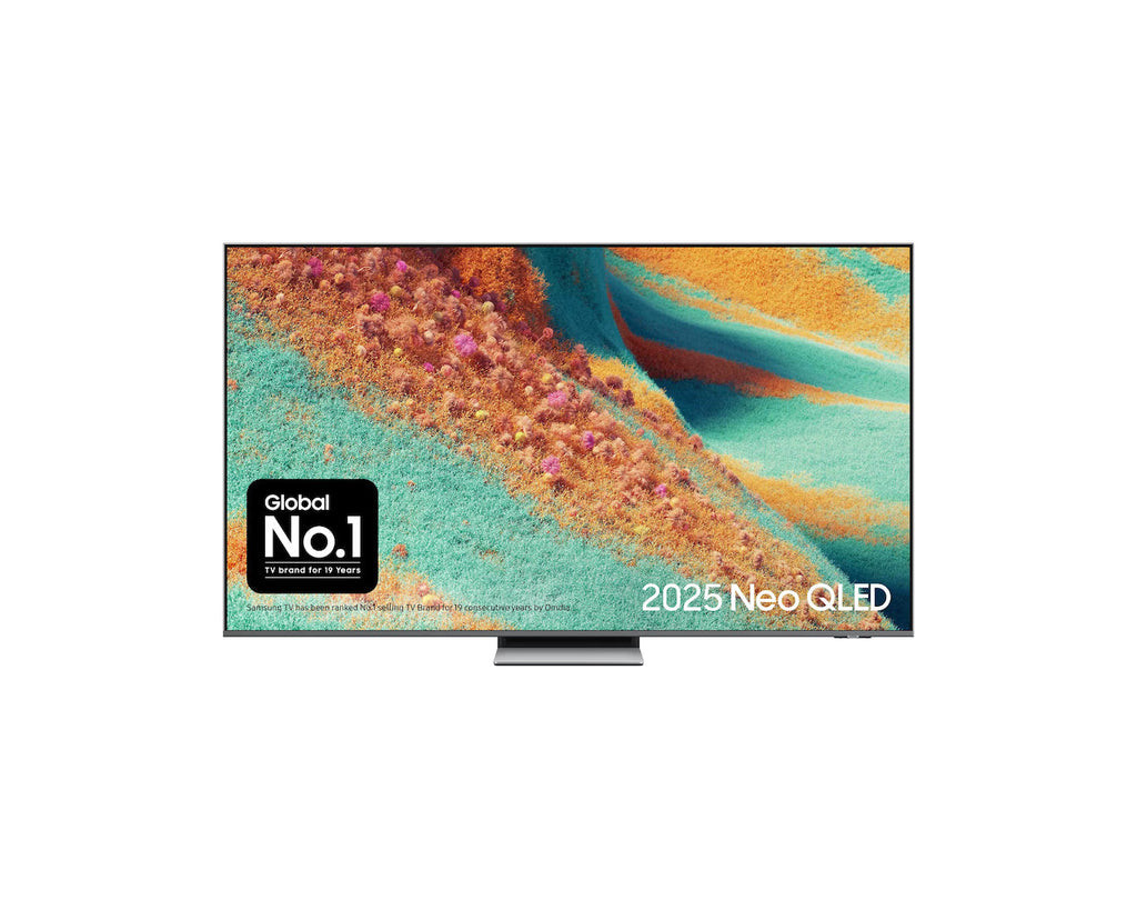 Samsung 55-inch 4K Mini LED smart TV with colorful landscape on screen