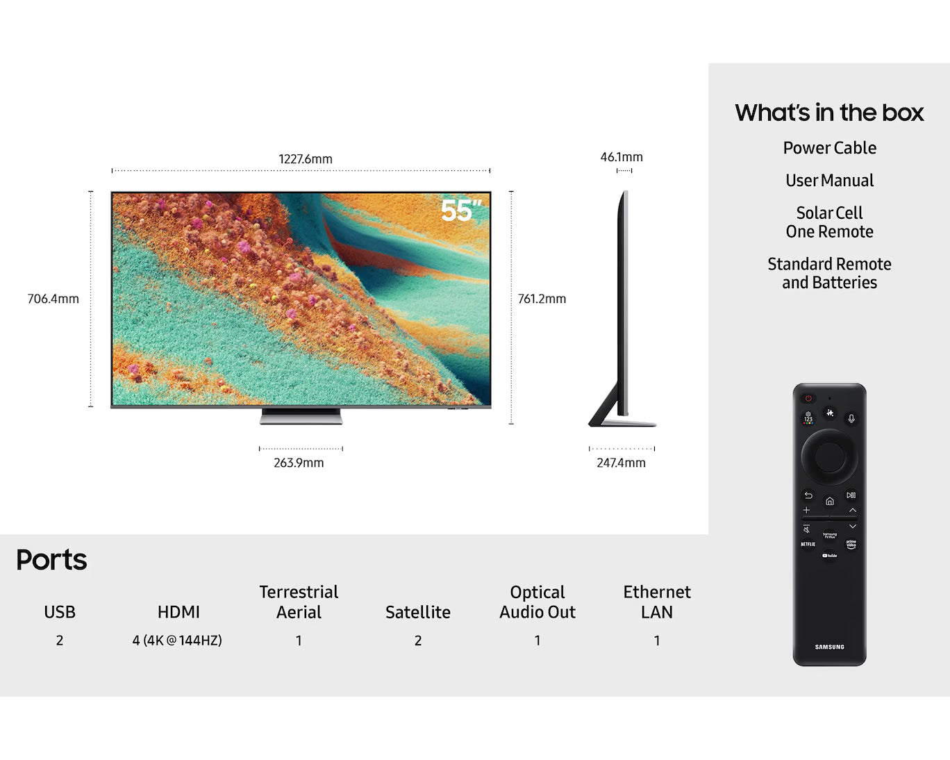 Samsung 55-inch TV with ports and dimensions diagram plus remote and batteries