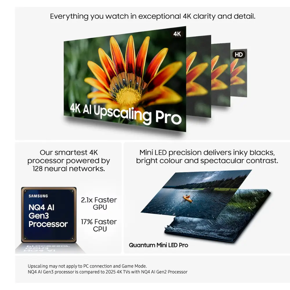 Samsung Neo QLED TV with 4K All Upscaling Pro and mini LED display callouts