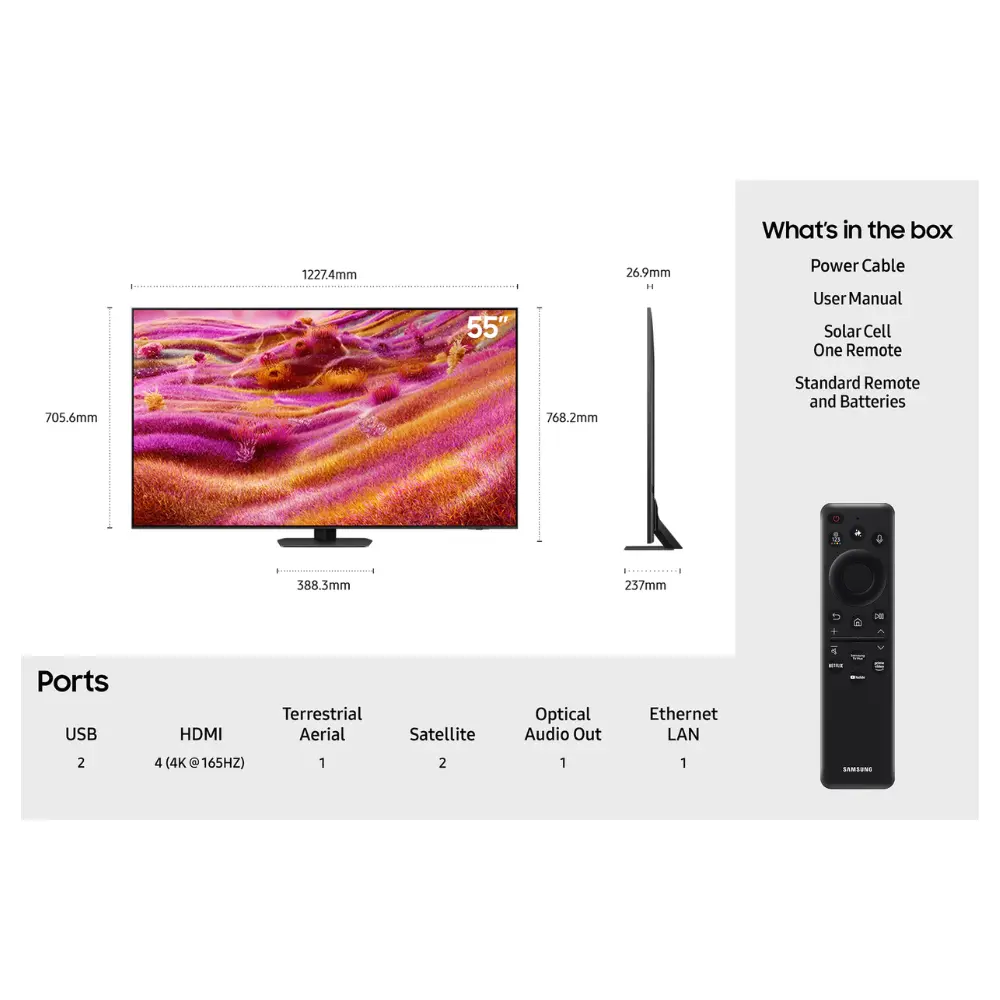 Samsung Neo QLED TV with dimensions, ports layout, and remote control contents
