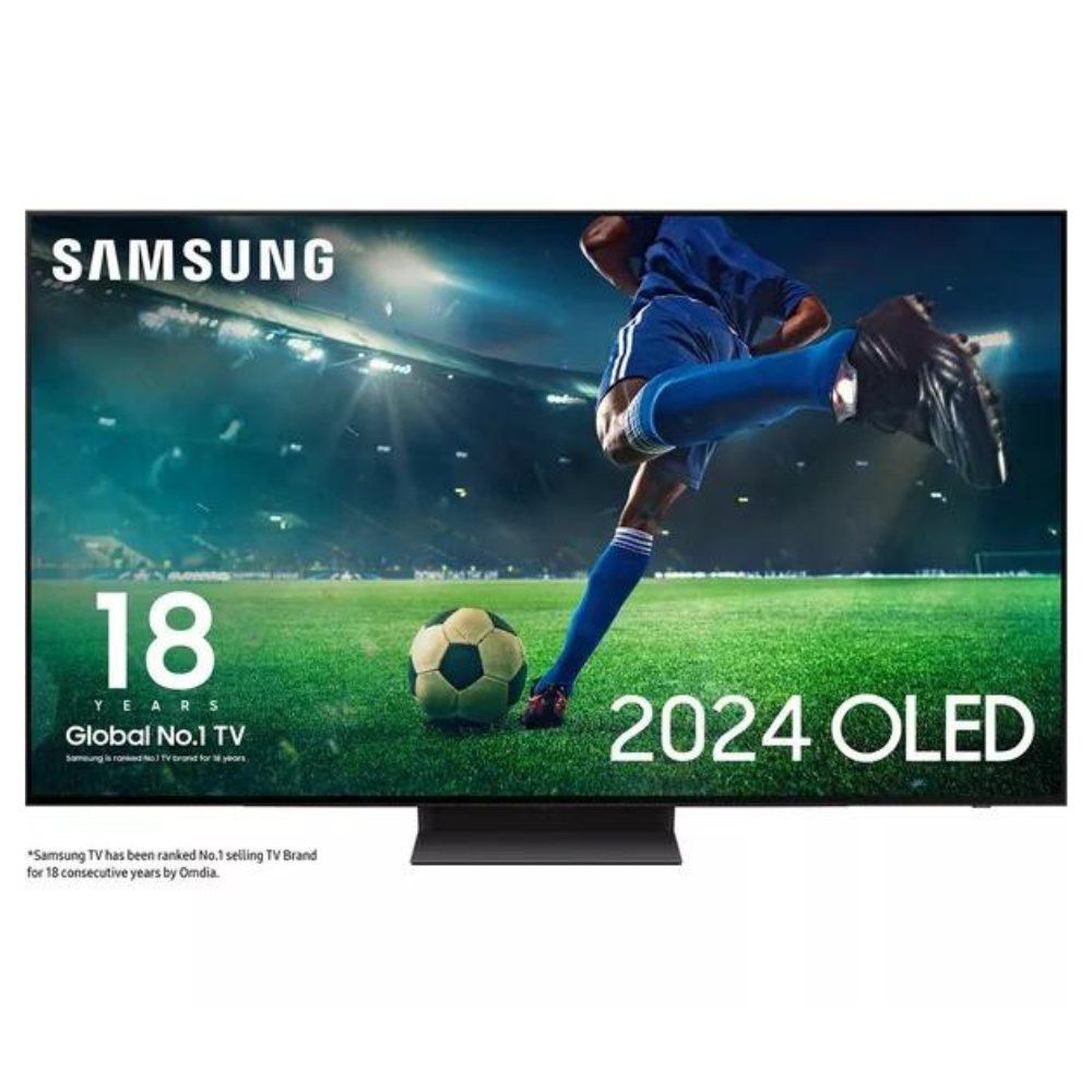 55-inch OLED 4K HDR smart TV with black bezel and stand, showing soccer action screen