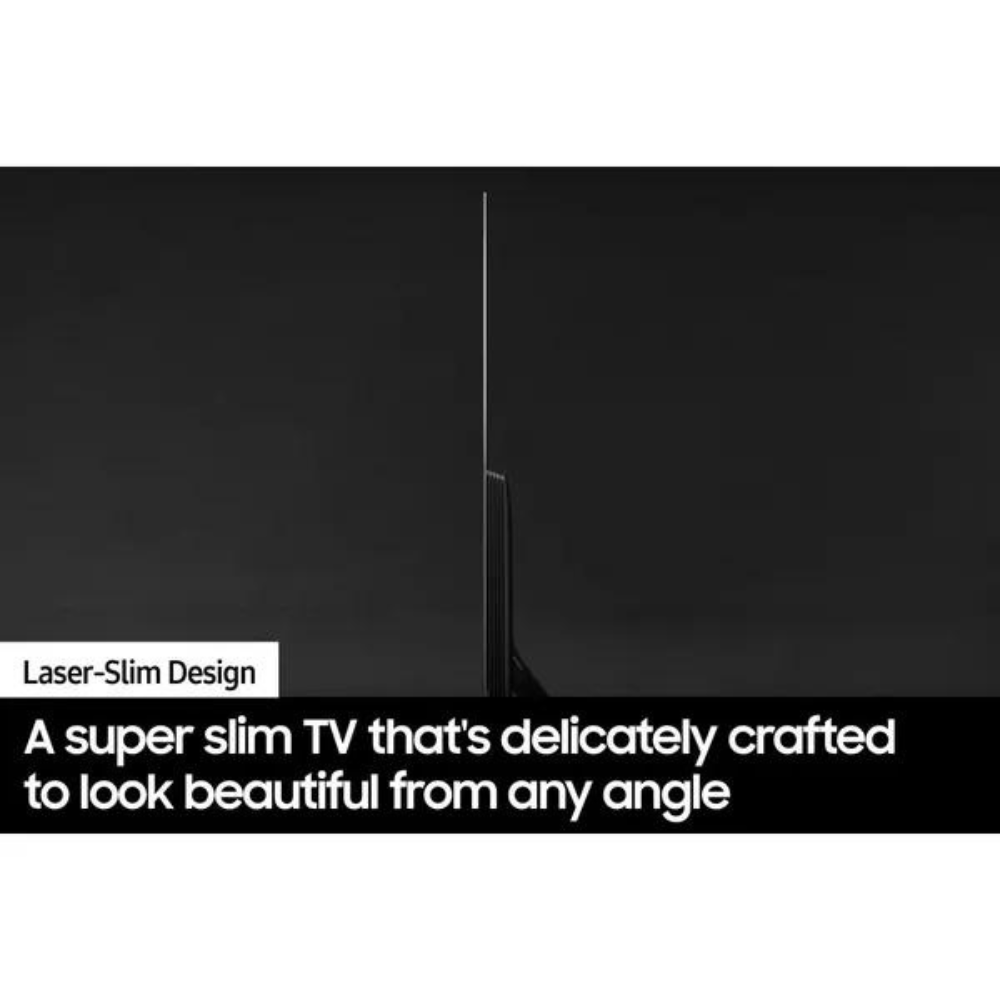 Ultra-slim OLED TV with black screen and narrow side profile, showing a dark display