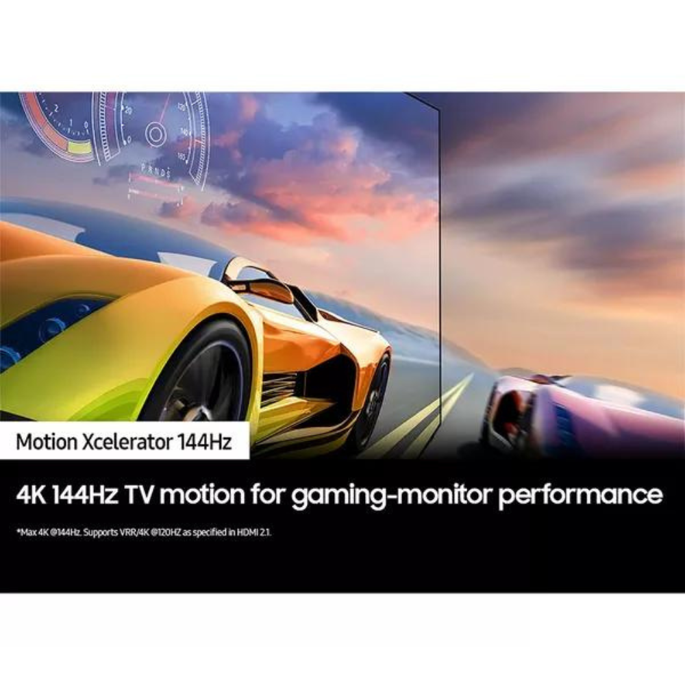 4K gaming OLED TV with slim black bezel, showing racing car graphics on screen
