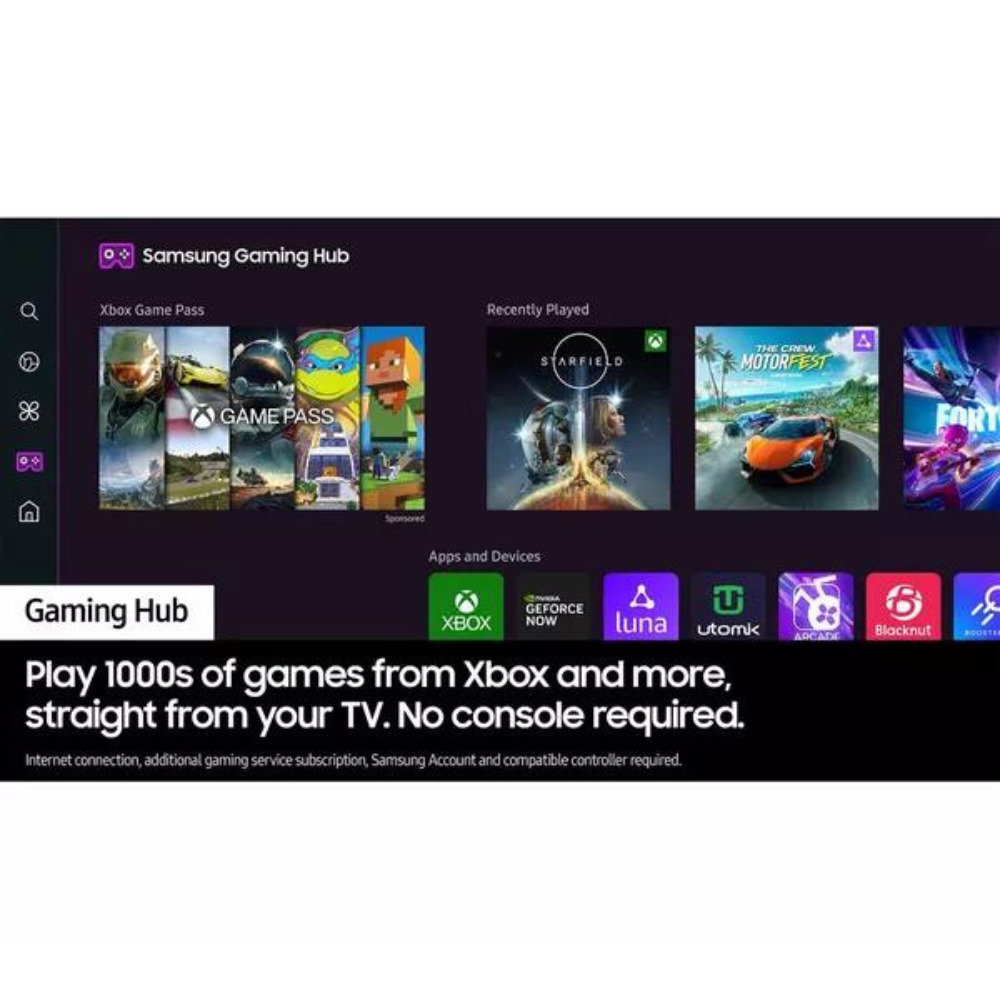 OLED smart TV showing Gaming Hub interface with app icons and game thumbnails