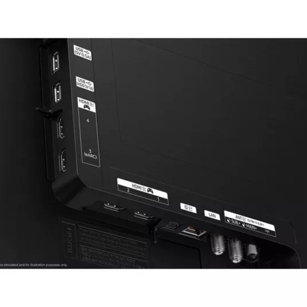 OLED TV rear ports panel with HDMI, USB, and audio connections visible on black housing
