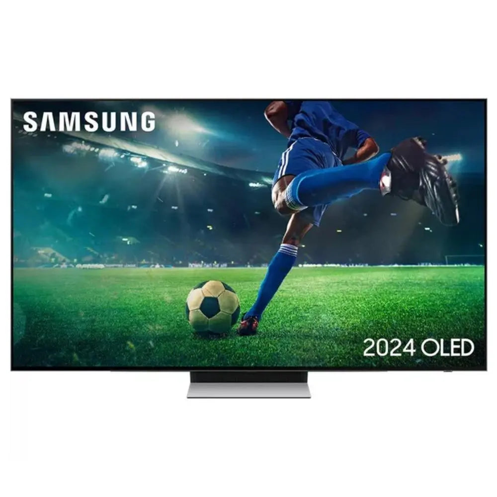 Samsung 55-inch OLED 4K HDR smart TV with screen showing soccer action
