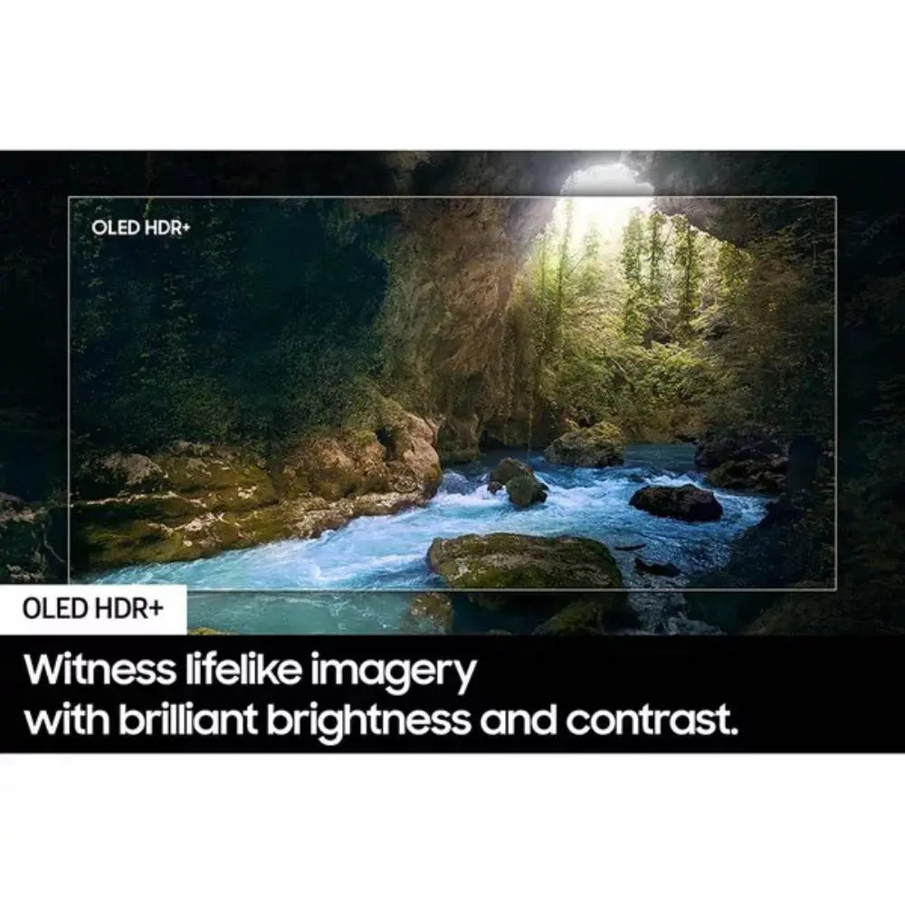 Samsung OLED TV with screen showing HDR+ mountain river landscape