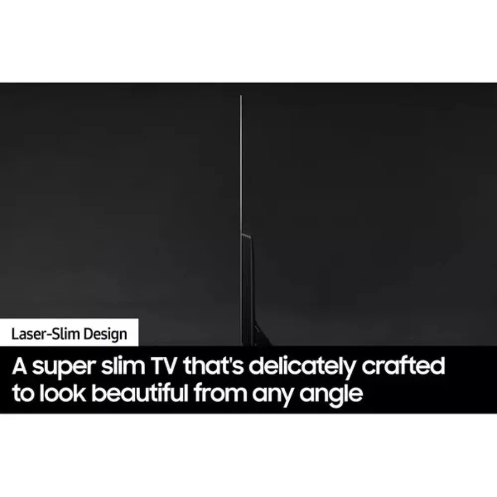 Samsung OLED TV with slim side profile on pedestal stand