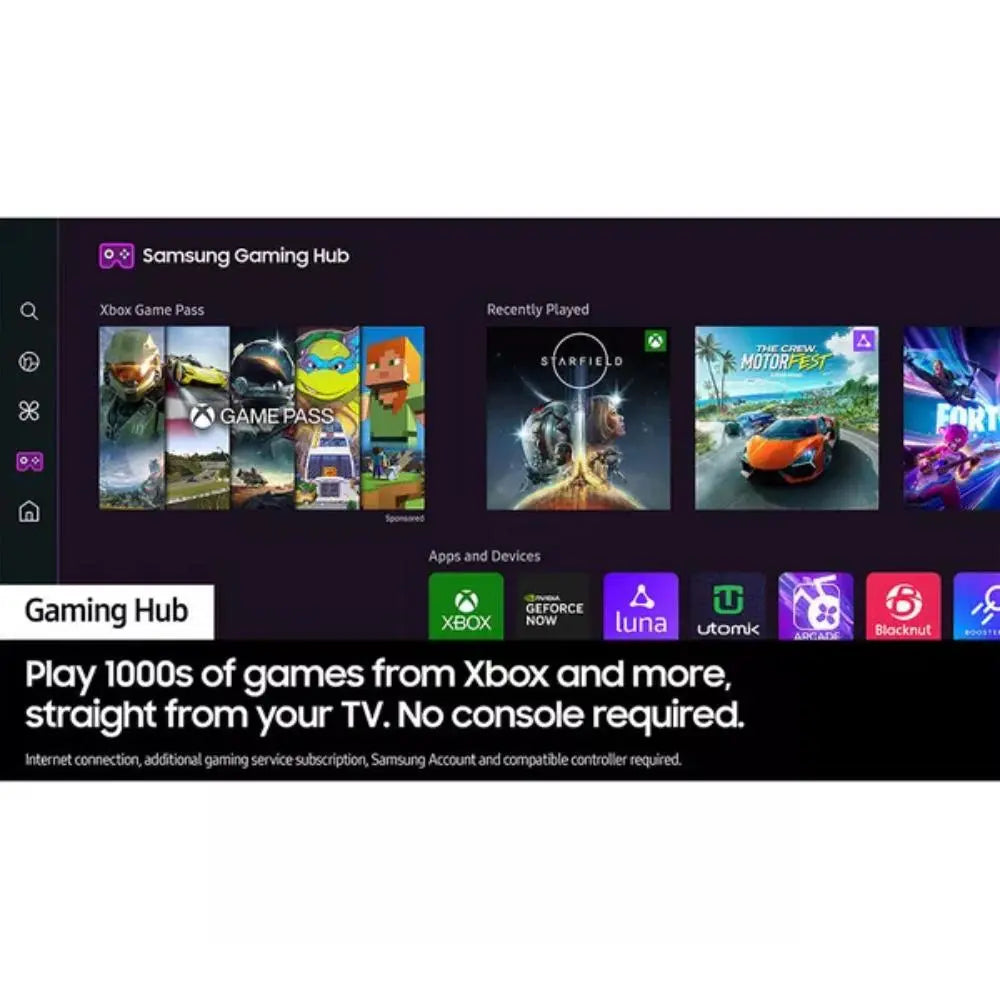 Samsung OLED TV screen displaying Gaming Hub apps and recent titles