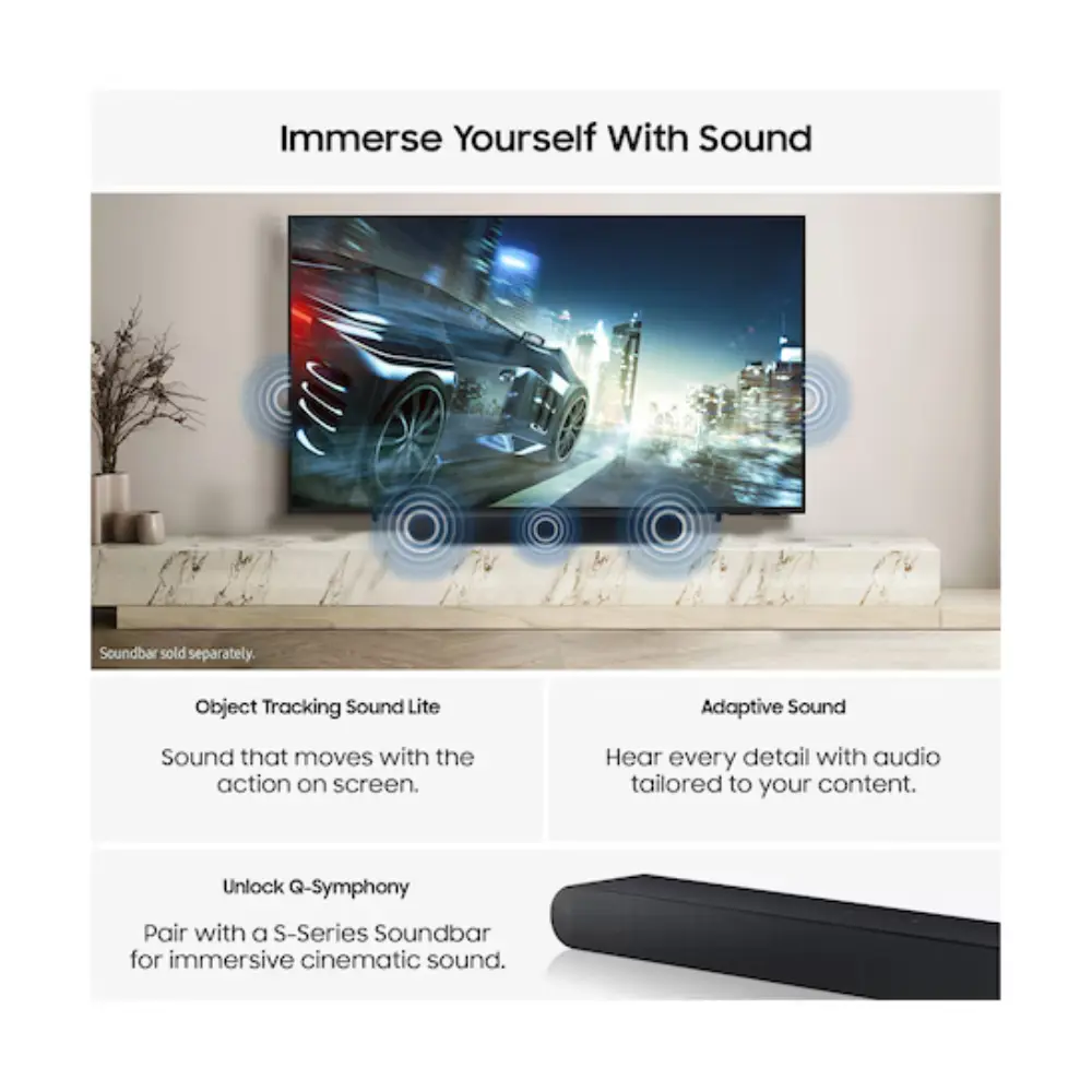 QLED TV sound feature graphic with soundbar and object tracking