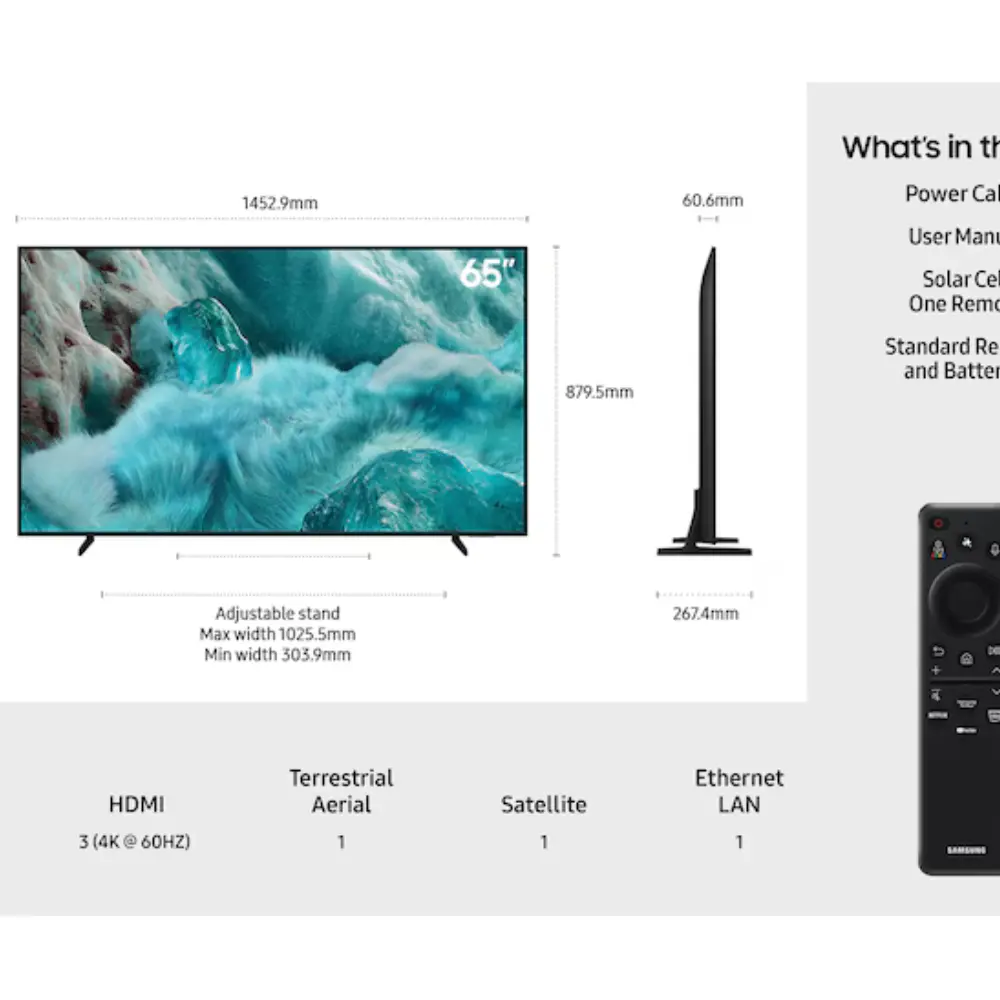 QLED TV side view with adjustable stand, ports, and size measurements